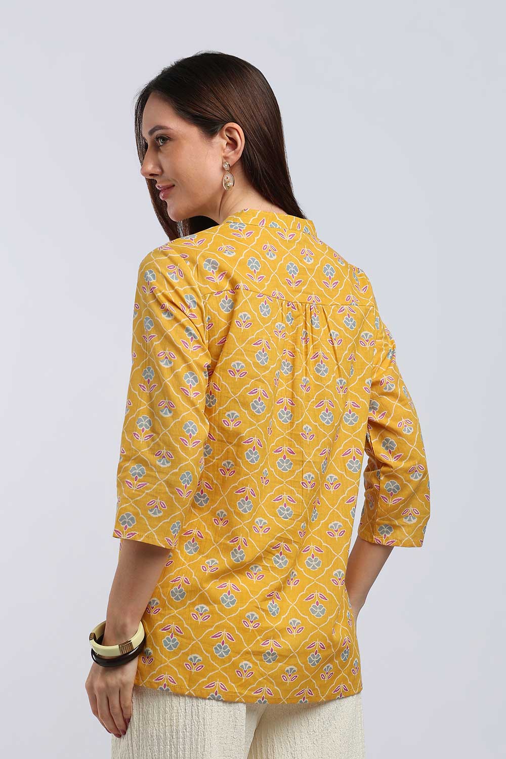 Mythri Women's Cotton Printed Short Top | Mandarin V-Neck Cotton Top with 3/4 Sleeves | Casual Office Wear Top for Women | Regular Fit Everyday Cotton Top - TU517
