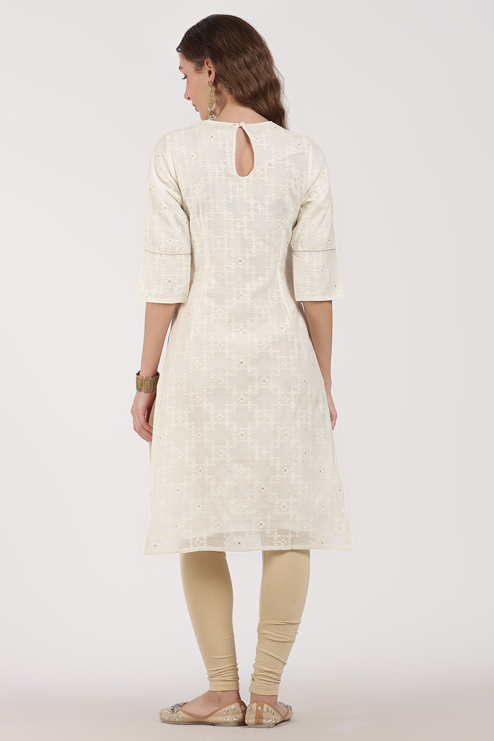 Mythri Women’s White Jacquard Chanderi Kurti – Gold Piping & Sheer Yoke Design - White Jacquard - KU97