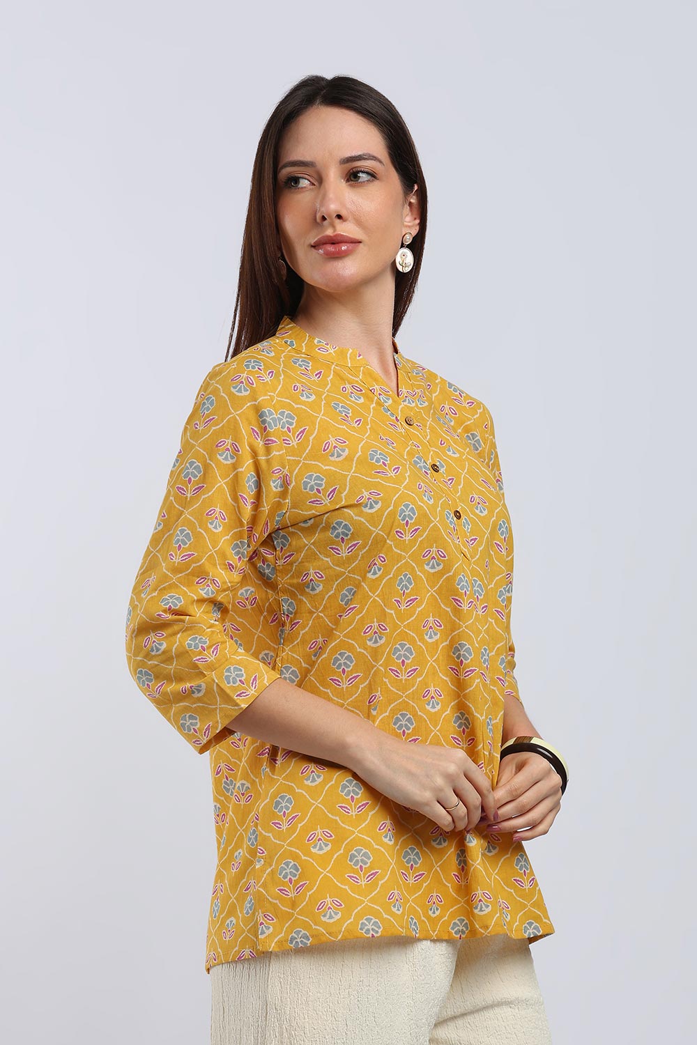 Mythri Women's Cotton Printed Short Top | Mandarin V-Neck Cotton Top with 3/4 Sleeves | Casual Office Wear Top for Women | Regular Fit Everyday Cotton Top - TU517