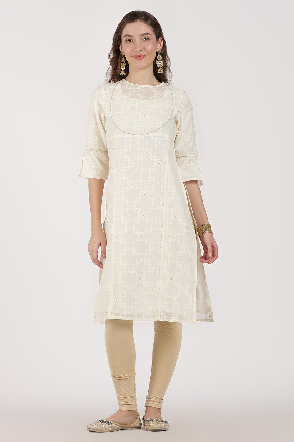 Mythri Women’s White Jacquard Chanderi Kurti – Gold Piping & Sheer Yoke Design - White Jacquard - KU97
