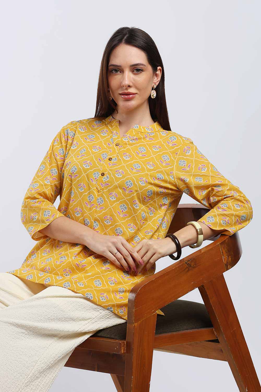 Mythri Women's Cotton Printed Short Top | Mandarin V-Neck Cotton Top with 3/4 Sleeves | Casual Office Wear Top for Women | Regular Fit Everyday Cotton Top - TU517