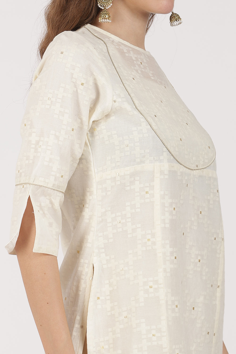 Mythri Women’s White Jacquard Chanderi Kurti – Gold Piping & Sheer Yoke Design - White Jacquard - KU97