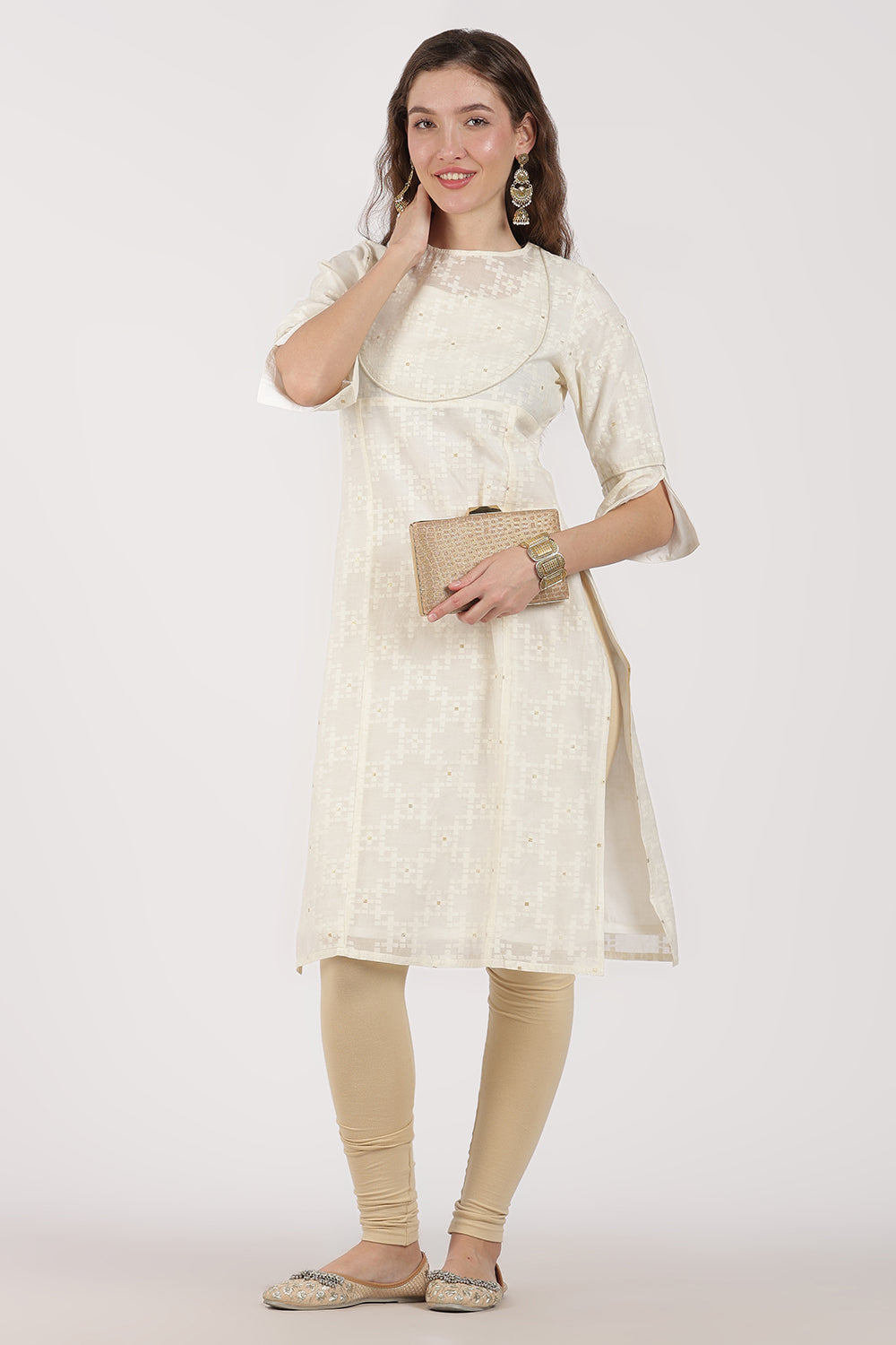 Mythri Women’s White Jacquard Chanderi Kurti – Gold Piping & Sheer Yoke Design - White Jacquard - KU97