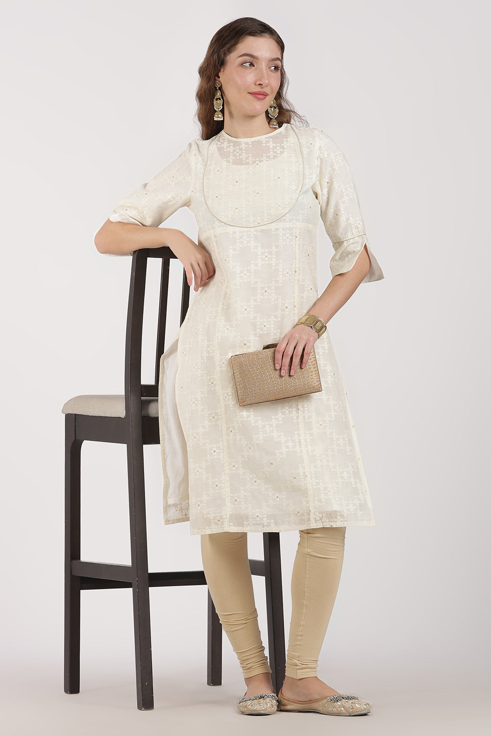 Mythri Women’s White Jacquard Chanderi Kurti – Gold Piping & Sheer Yoke Design - White Jacquard - KU97