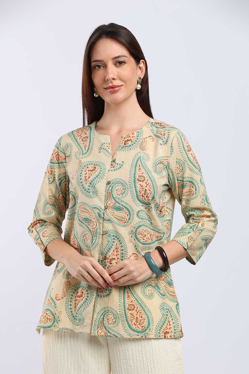 Mythri Women's Cotton Floral Printed Top | V-Neck 3/4 Sleeve Ethnic Top with Button Placket | Casual, Office & Daily Wear - T103