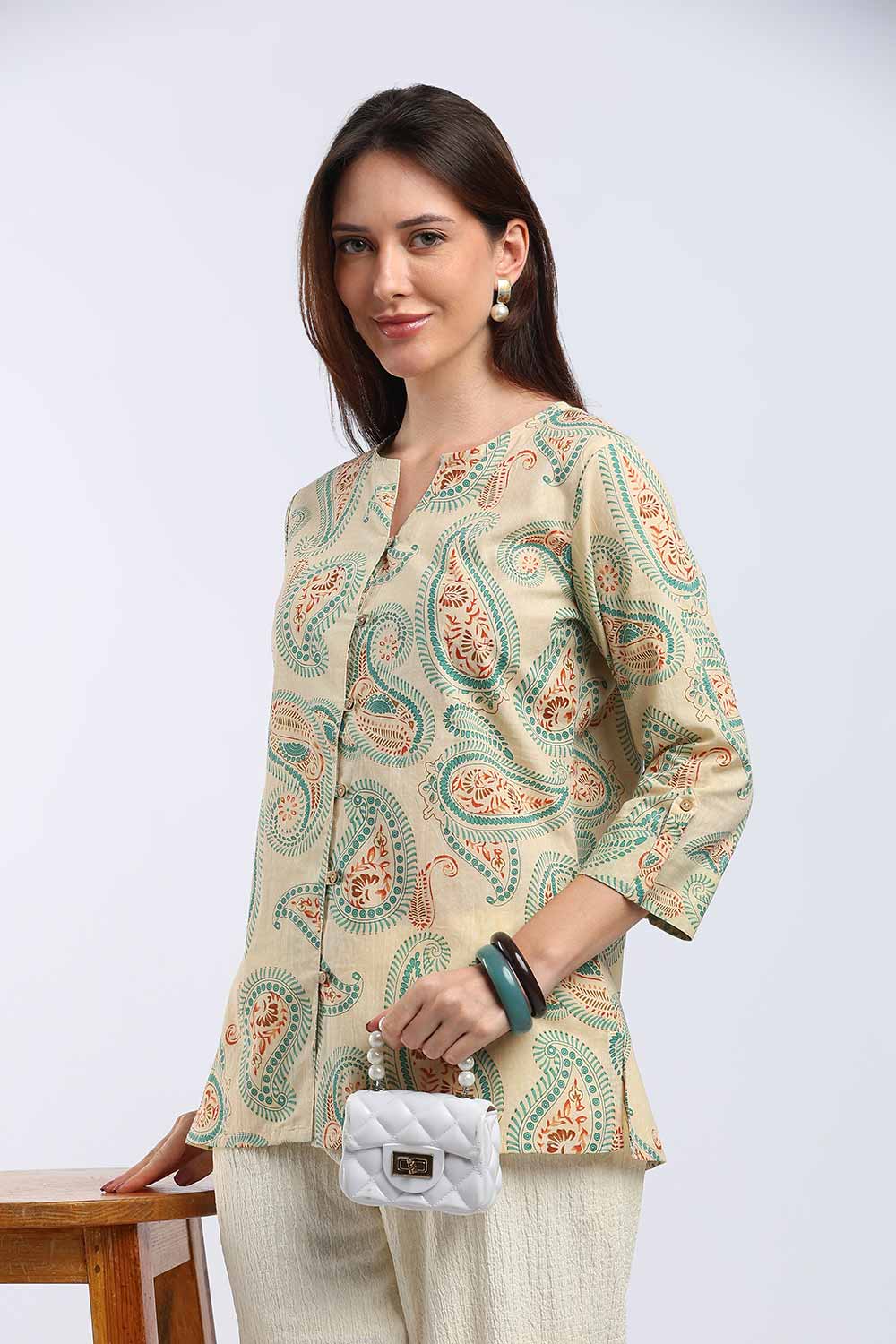 Mythri Women's Cotton Floral Printed Top | V-Neck 3/4 Sleeve Ethnic Top with Button Placket | Casual, Office & Daily Wear - T103