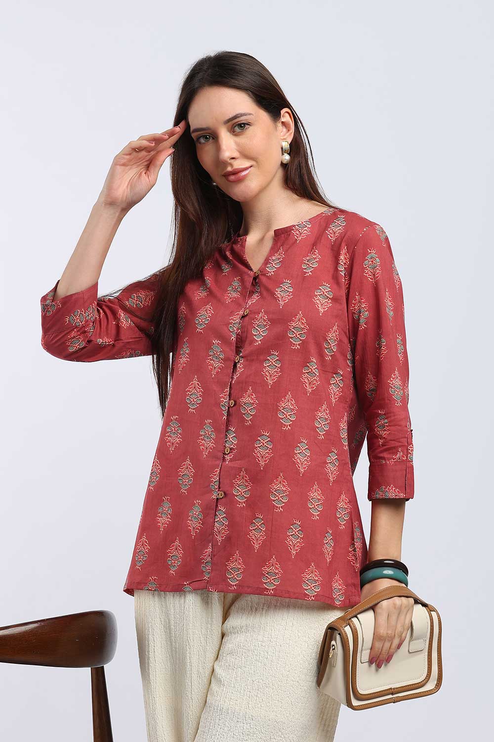 Mythri Women's Cotton Printed Top | V-Neck Ethnic Top with 3/4 Sleeves | Floral Cotton Top for Women | Casual, Office & Everyday Wear - TU102