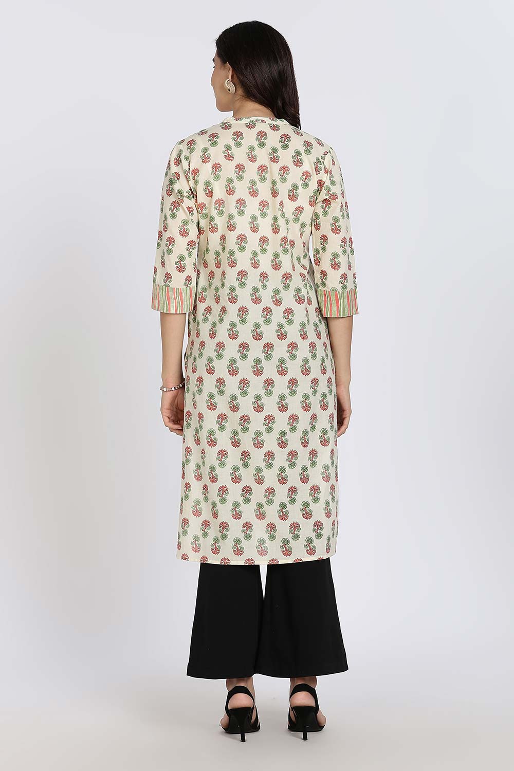 Mythri Women's Cotton Cambric Kurthi | Flared Ethnic Wear with Pintucks, Mandarin Collar & Tassel Detail - Green - K810