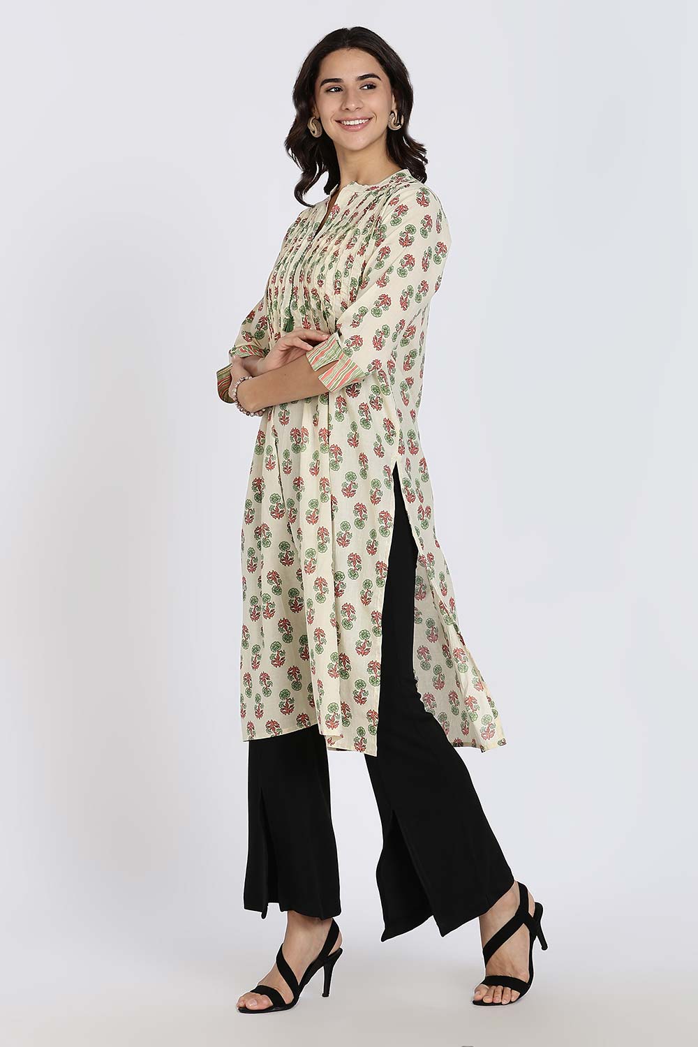 Mythri Women's Cotton Cambric Kurthi | Flared Ethnic Wear with Pintucks, Mandarin Collar & Tassel Detail - Green - K810