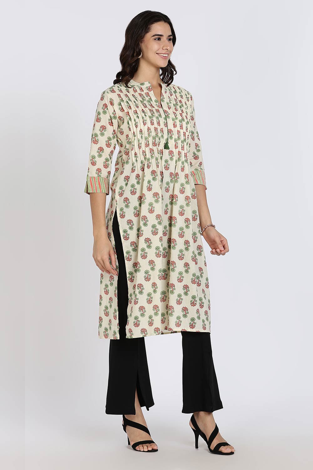 Mythri Women's Cotton Cambric Kurthi | Flared Ethnic Wear with Pintucks, Mandarin Collar & Tassel Detail - Green - K810