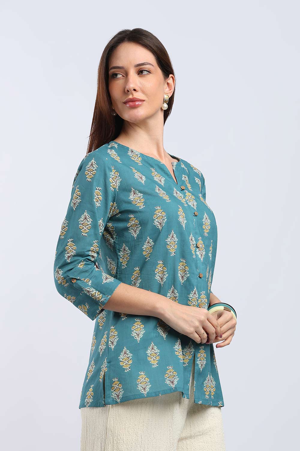 Mythri Women's Cotton Printed Top | V-Neck Ethnic Cotton Top with 3/4 Sleeves | Casual, Office & Everyday Wear Top for Women | Regular Fit - TU101