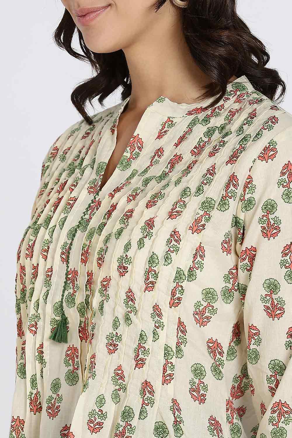 Mythri Women's Cotton Cambric Kurthi | Flared Ethnic Wear with Pintucks, Mandarin Collar & Tassel Detail - Green - K810