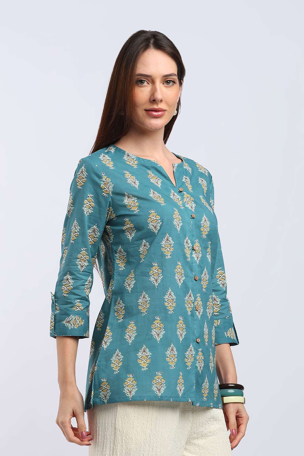 Mythri Women's Cotton Printed Top | V-Neck Ethnic Cotton Top with 3/4 Sleeves | Casual, Office & Everyday Wear Top for Women | Regular Fit - TU101