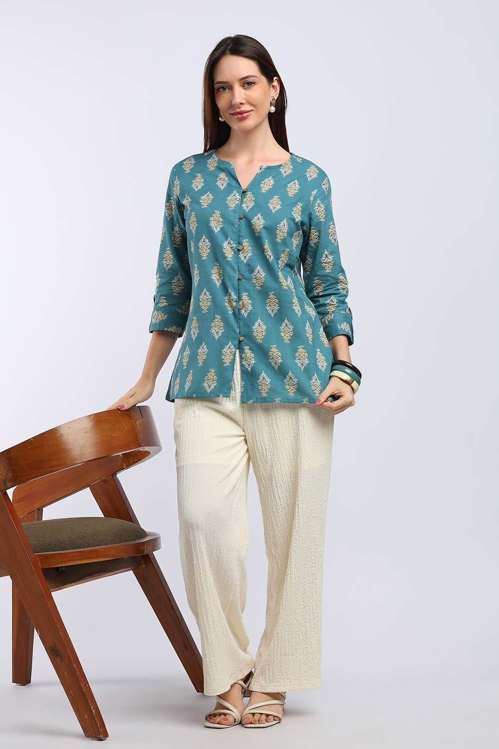 Mythri Women's Cotton Printed Top | V-Neck Ethnic Cotton Top with 3/4 Sleeves | Casual, Office & Everyday Wear Top for Women | Regular Fit - TU101