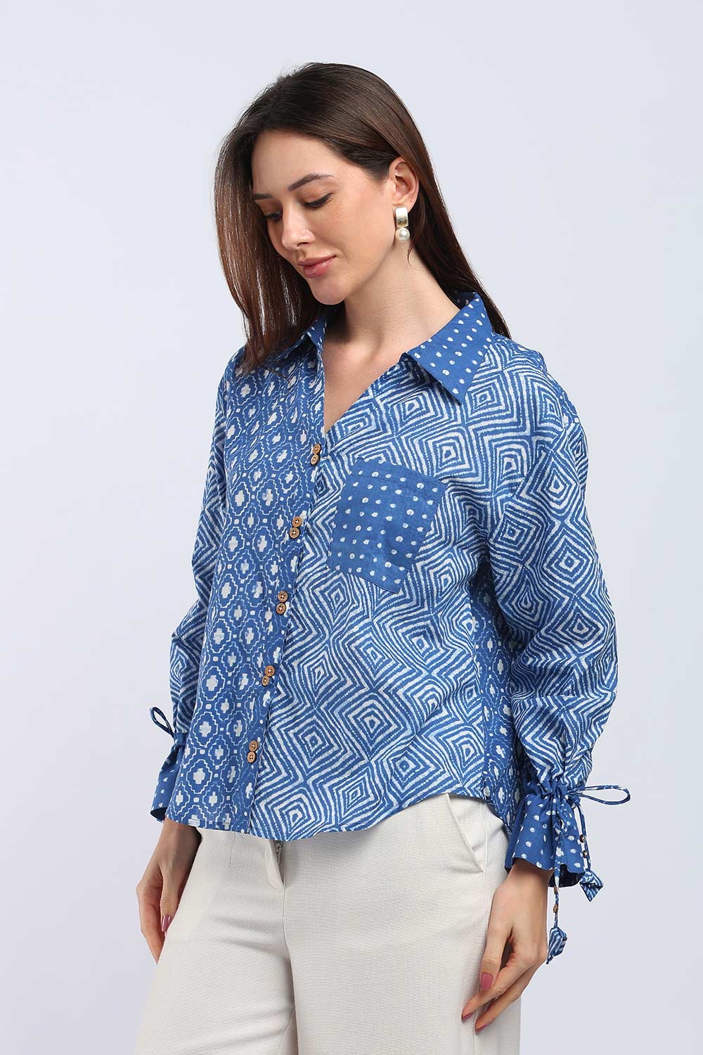 Mythri Women's Cotton Shirt Top | V-Slit Collar Full Sleeve Top with Tie-Up Tassels & Patch Pockets | Casual Office & Daily Wear - TO44