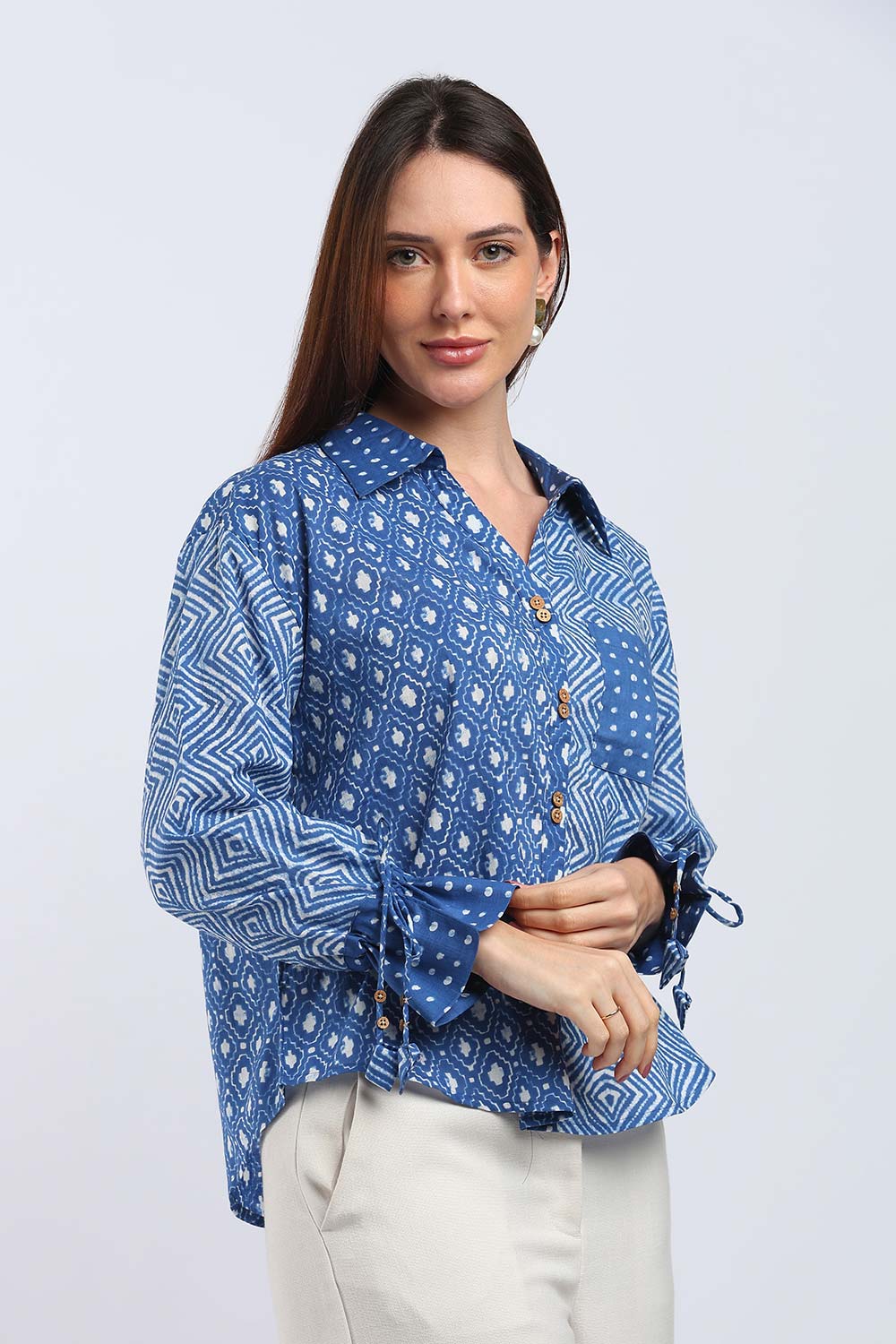 Mythri Women's Cotton Shirt Top | V-Slit Collar Full Sleeve Top with Tie-Up Tassels & Patch Pockets | Casual Office & Daily Wear - TO44