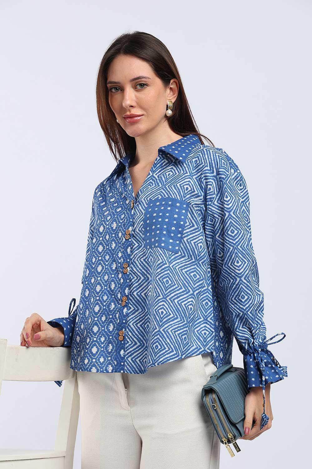 Mythri Women's Cotton Shirt Top | V-Slit Collar Full Sleeve Top with Tie-Up Tassels & Patch Pockets | Casual Office & Daily Wear - TO44