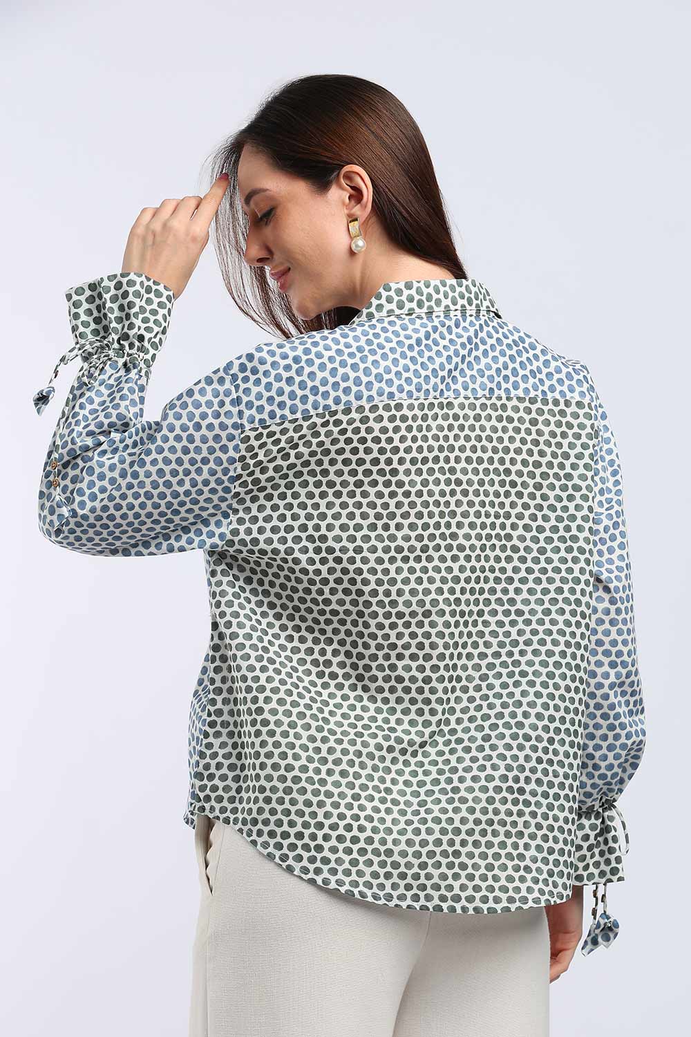Mythri Women's Cotton Shirt Top | V-Slit Collar Full Sleeve Top with Tie-Up Tassels & Patch Pockets | Casual Office & Daily Wear - TO44