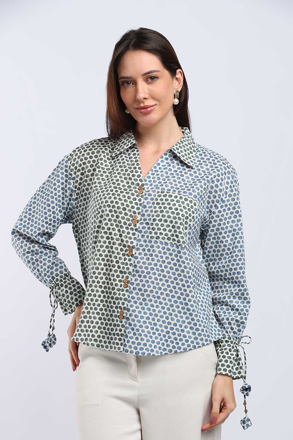 Mythri Women's Cotton Shirt Top | V-Slit Collar Full Sleeve Top with Tie-Up Tassels & Patch Pockets | Casual Office & Daily Wear - TO44