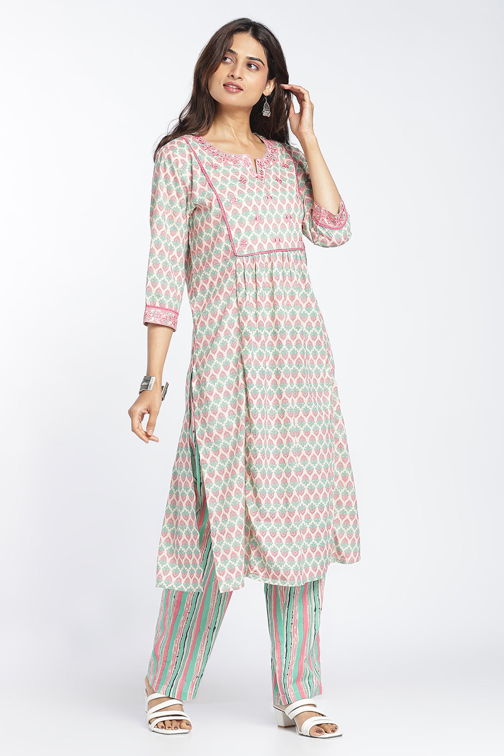 Mythri Women's Cotton A-Line Kurti Set | Printed Kurta Pant Set with Round Notch Neck & 3/4 Sleeves | Regular Fit Ethnic Wear | Festive & Occasion Wear - KP805