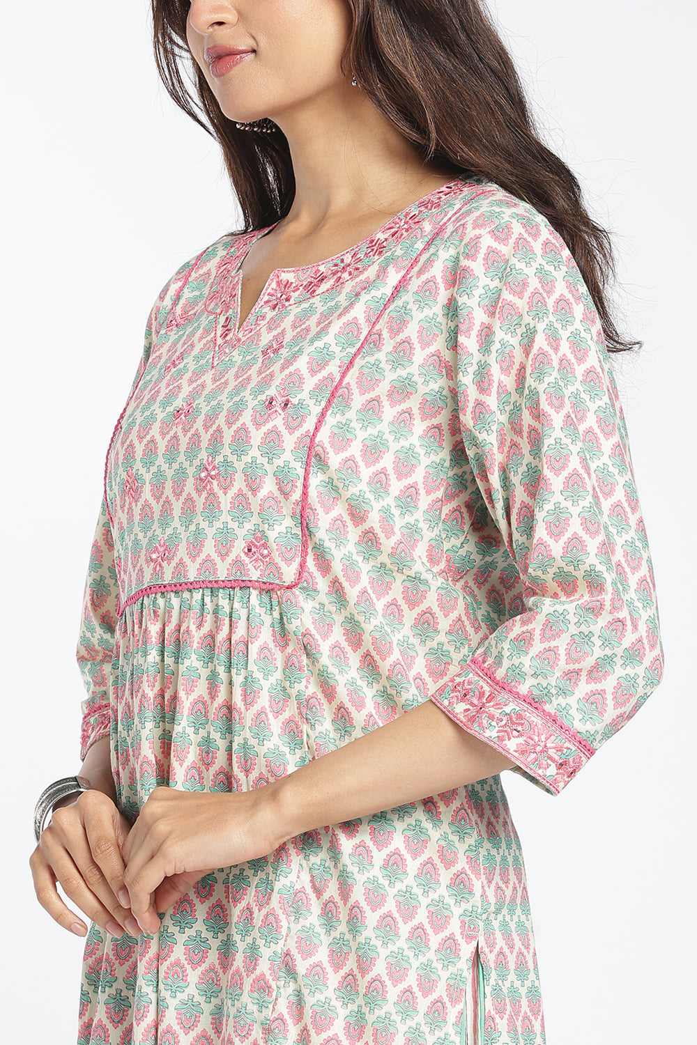 Mythri Women's Cotton A-Line Kurti Set | Printed Kurta Pant Set with Round Notch Neck & 3/4 Sleeves | Regular Fit Ethnic Wear | Festive & Occasion Wear - KP805