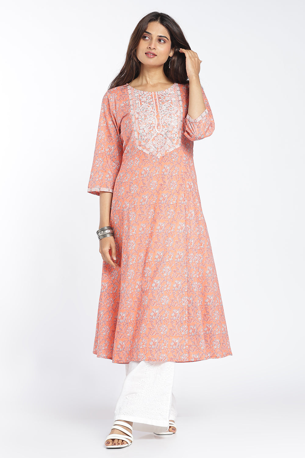 Mythri Women's Cotton Embroidered Kurti Set | Printed Ethnic Kurta Pant Set for Women | Flared Kurti with Matching Bottom | Festive, Office & Occasion Wear - FLK807