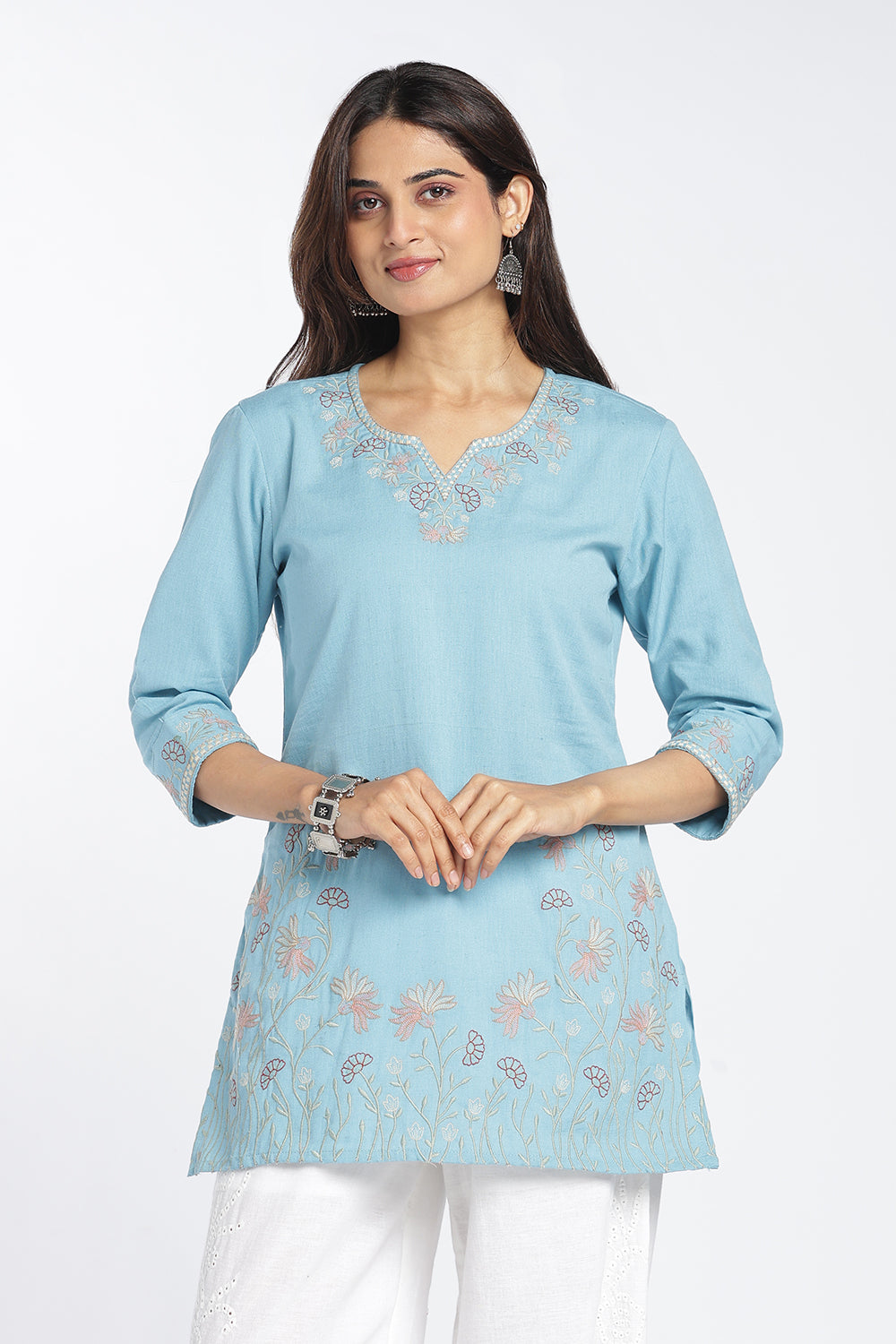 Mythri Women's Cotton Flax Embroidered Top | Floral Embroidery Regular Fit Top for Women | Casual, Office & Everyday Wear - 1446