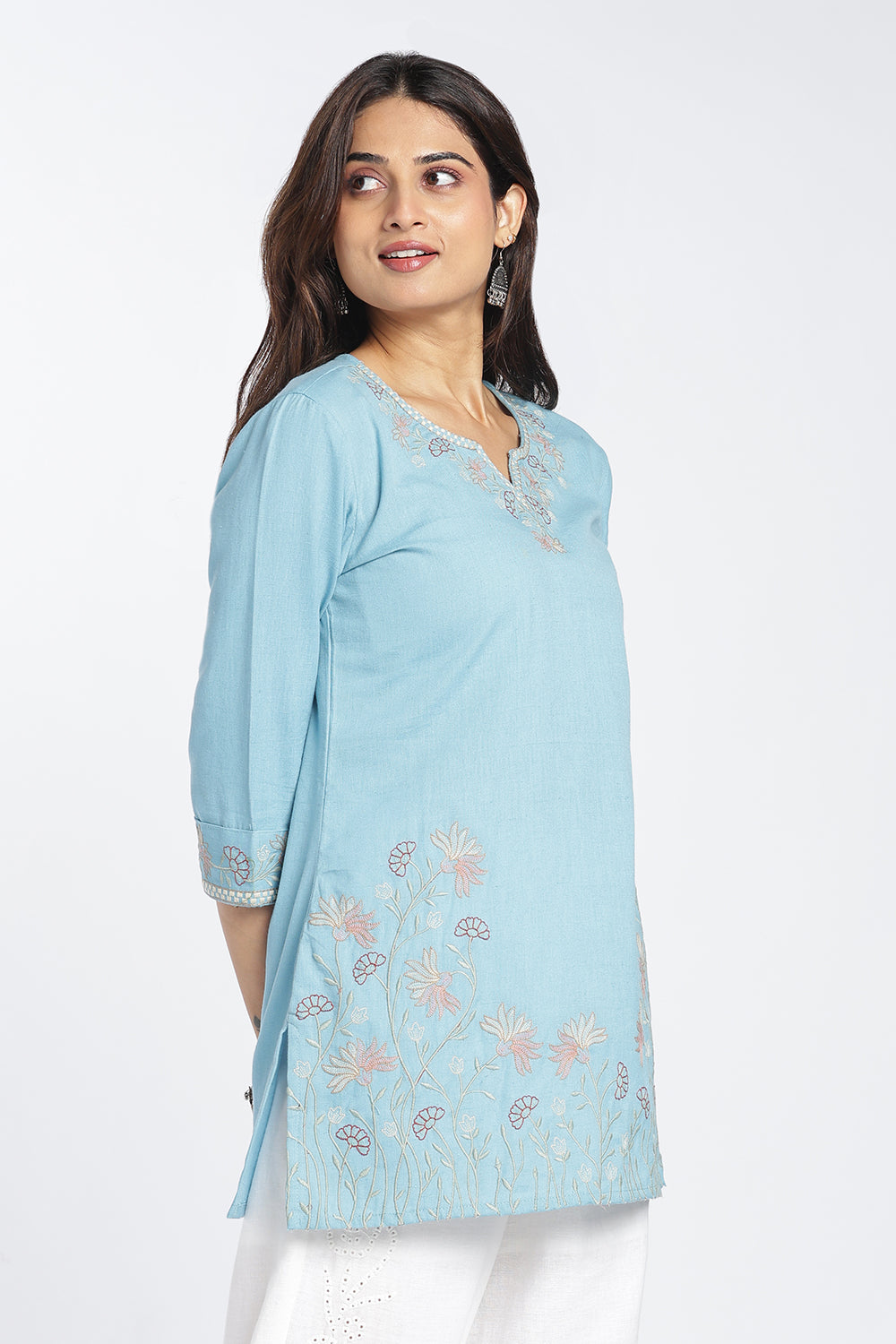 Mythri Women's Cotton Flax Embroidered Top | Floral Embroidery Regular Fit Top for Women | Casual, Office & Everyday Wear - 1446