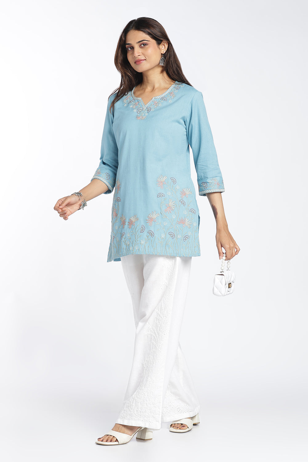 Mythri Women's Cotton Flax Embroidered Top | Floral Embroidery Regular Fit Top for Women | Casual, Office & Everyday Wear - 1446