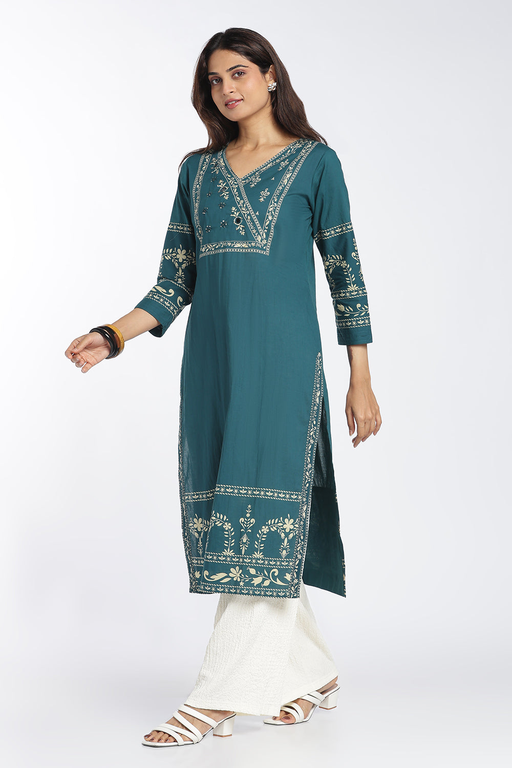 Mythri Women's Cotton Printed Kurti | V-Neck Mirror Embellished Kurti for Women | Regular Fit Casual, Office & Everyday Ethnic Wear - 1413