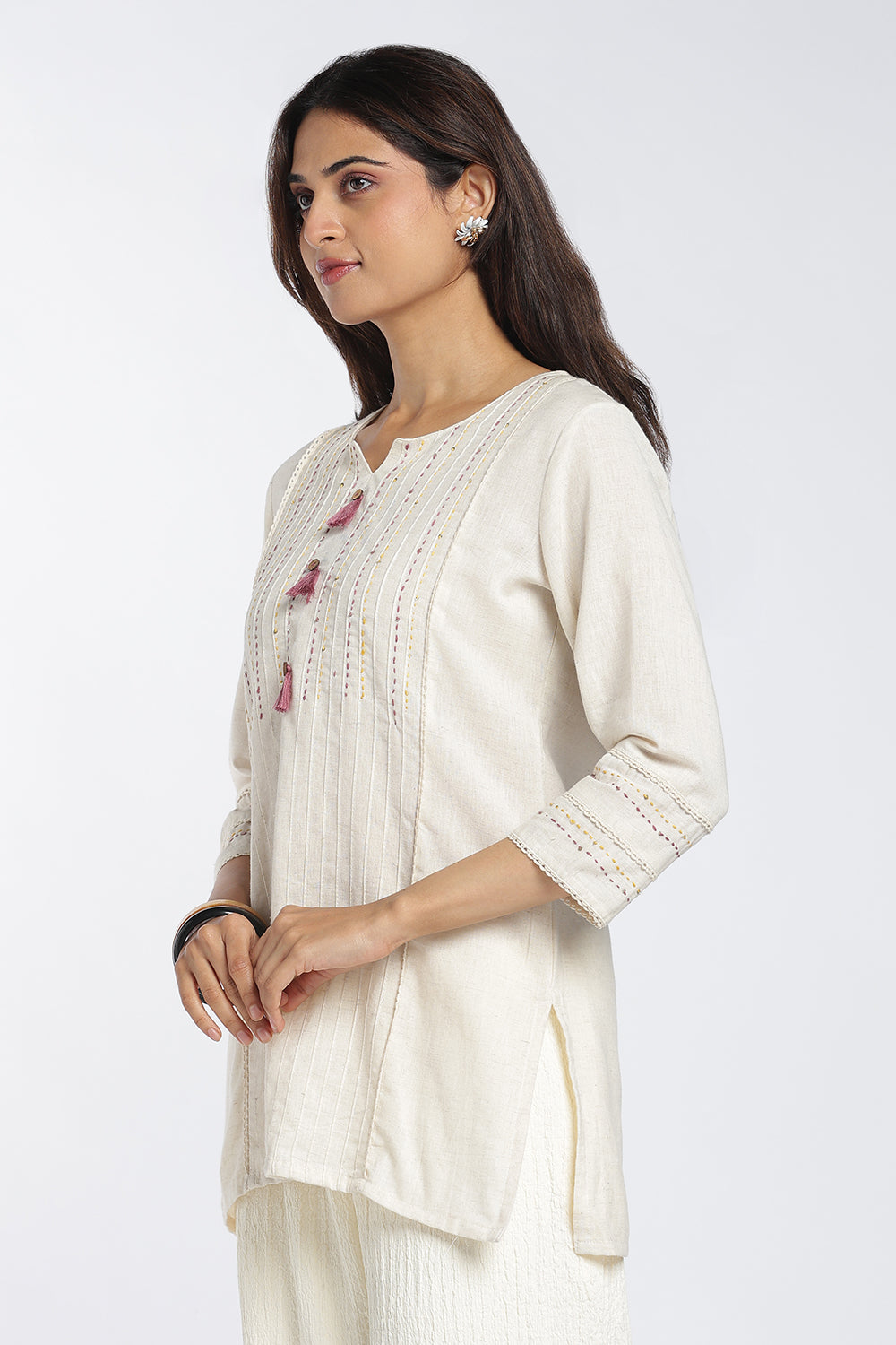 Mythri Women's Cotton Flax Top | Mandarin V-Neck Kantha Stitch Top with Tassel Details | Regular Fit Casual & Office Wear - 1458