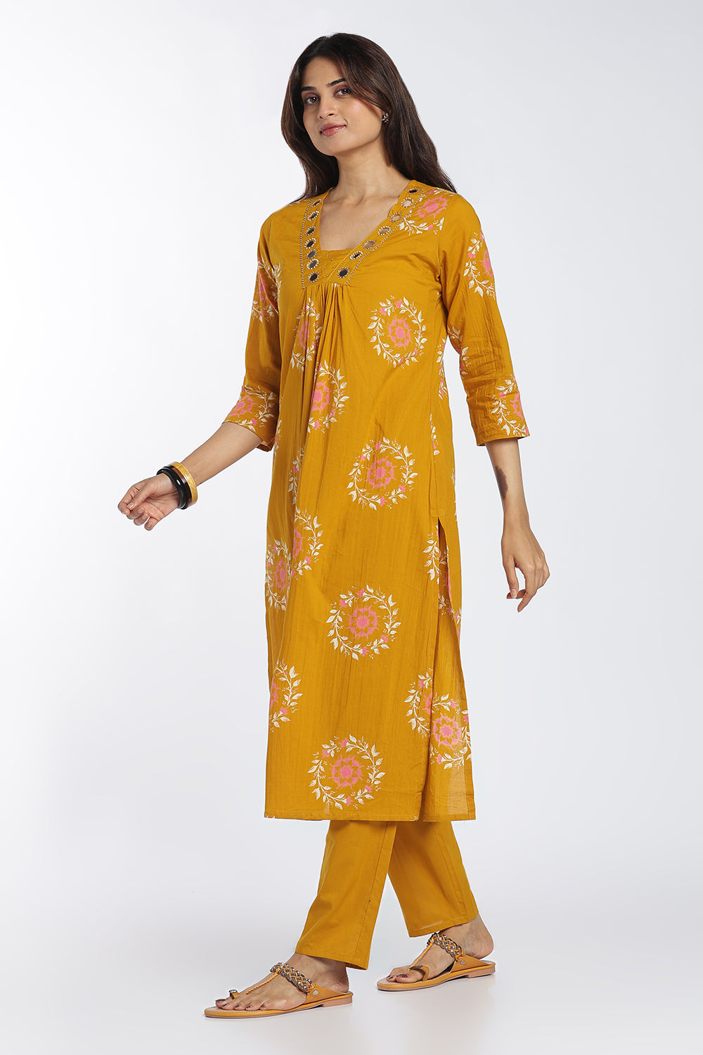 Mythri Women’s Printed Cotton Co-ord Set | 3/4 Sleeve Kurti and Pant Set for Women | Regular Fit Everyday Ethnic Wear - 1399
