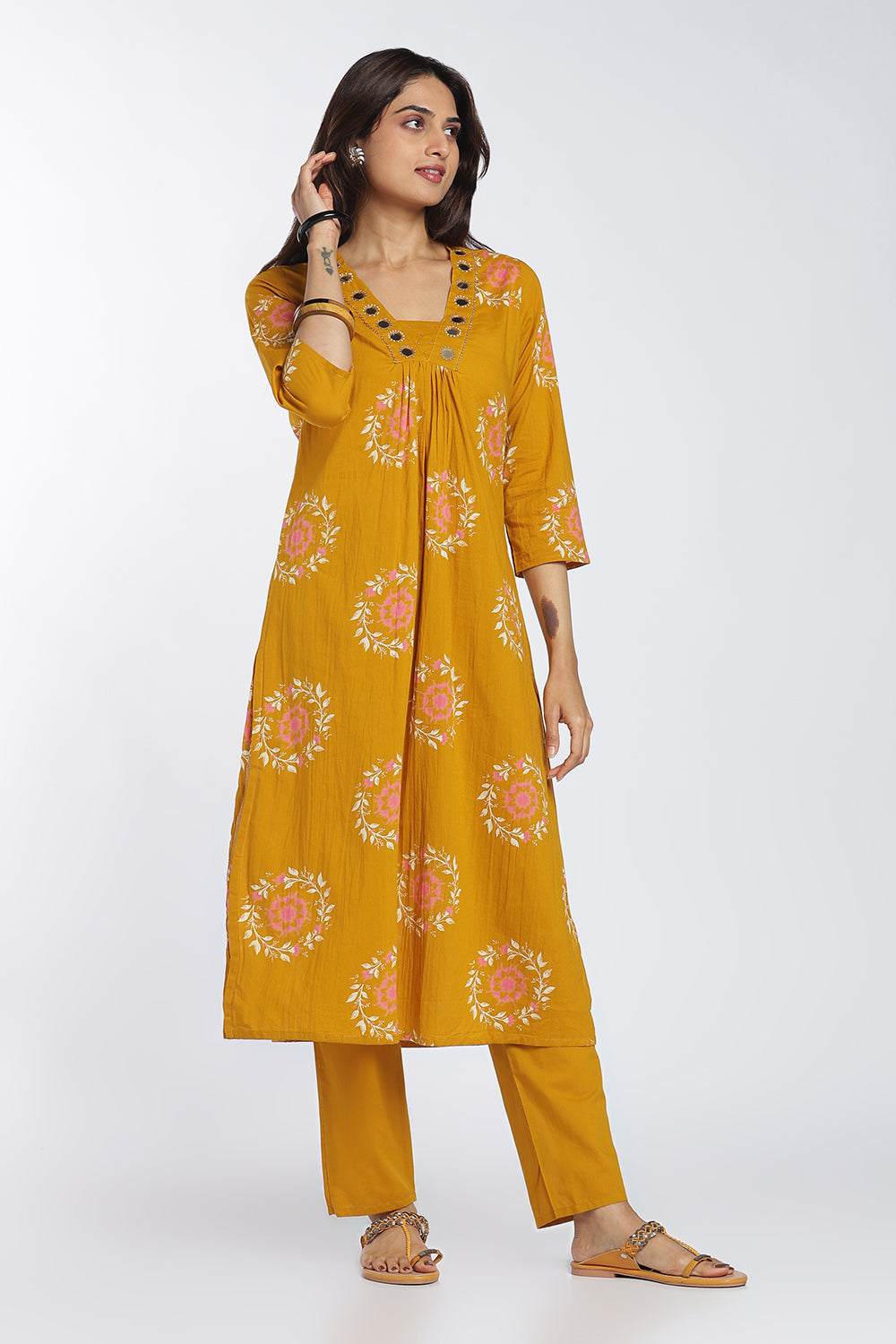 Mythri Women’s Printed Cotton Co-ord Set | 3/4 Sleeve Kurti and Pant Set for Women | Regular Fit Everyday Ethnic Wear - 1399