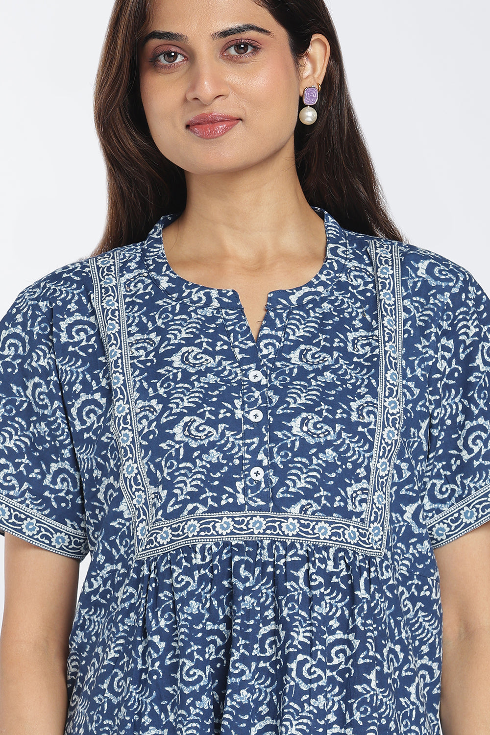 Naidu Hall Women’s Printed Cotton Nighty | Full-Length Ethnic Print V-Neck Night Dress with Contrast Yoke | Daily Wear, Sleepwear & Loungewear
- NB55