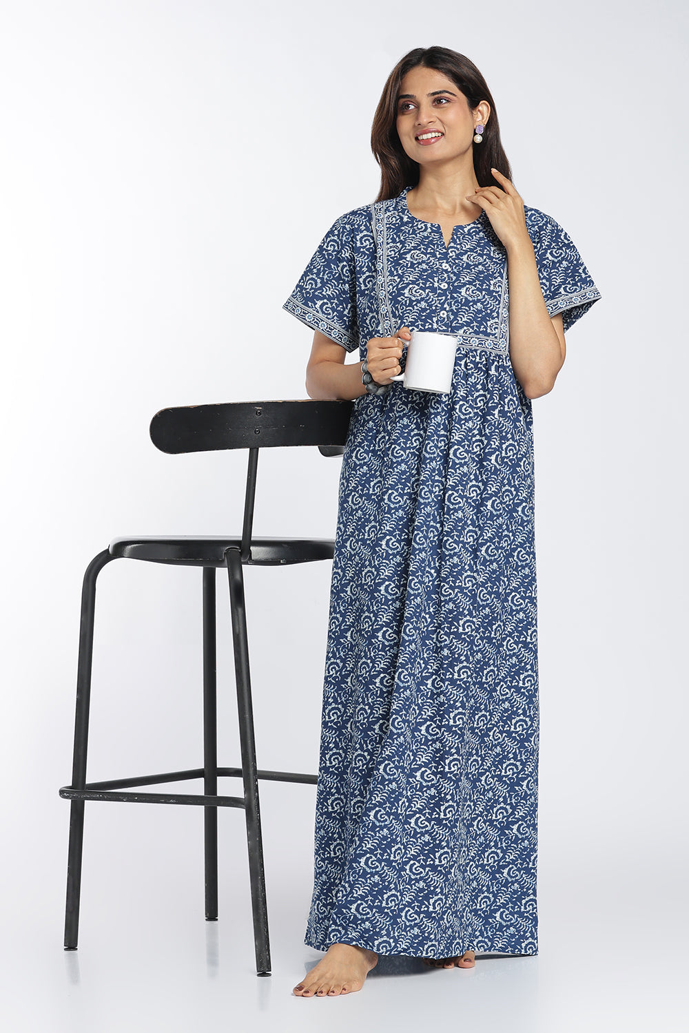 Naidu Hall Women’s Printed Cotton Nighty | Full-Length Ethnic Print V-Neck Night Dress with Contrast Yoke | Daily Wear, Sleepwear & Loungewear
- NB55