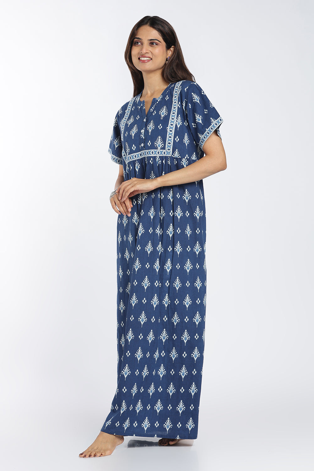 Naidu Hall Women’s Printed Cotton Nighty | Full-Length Ethnic Print V-Neck Night Dress with Contrast Yoke | Daily Wear, Sleepwear & Loungewear
- NB53