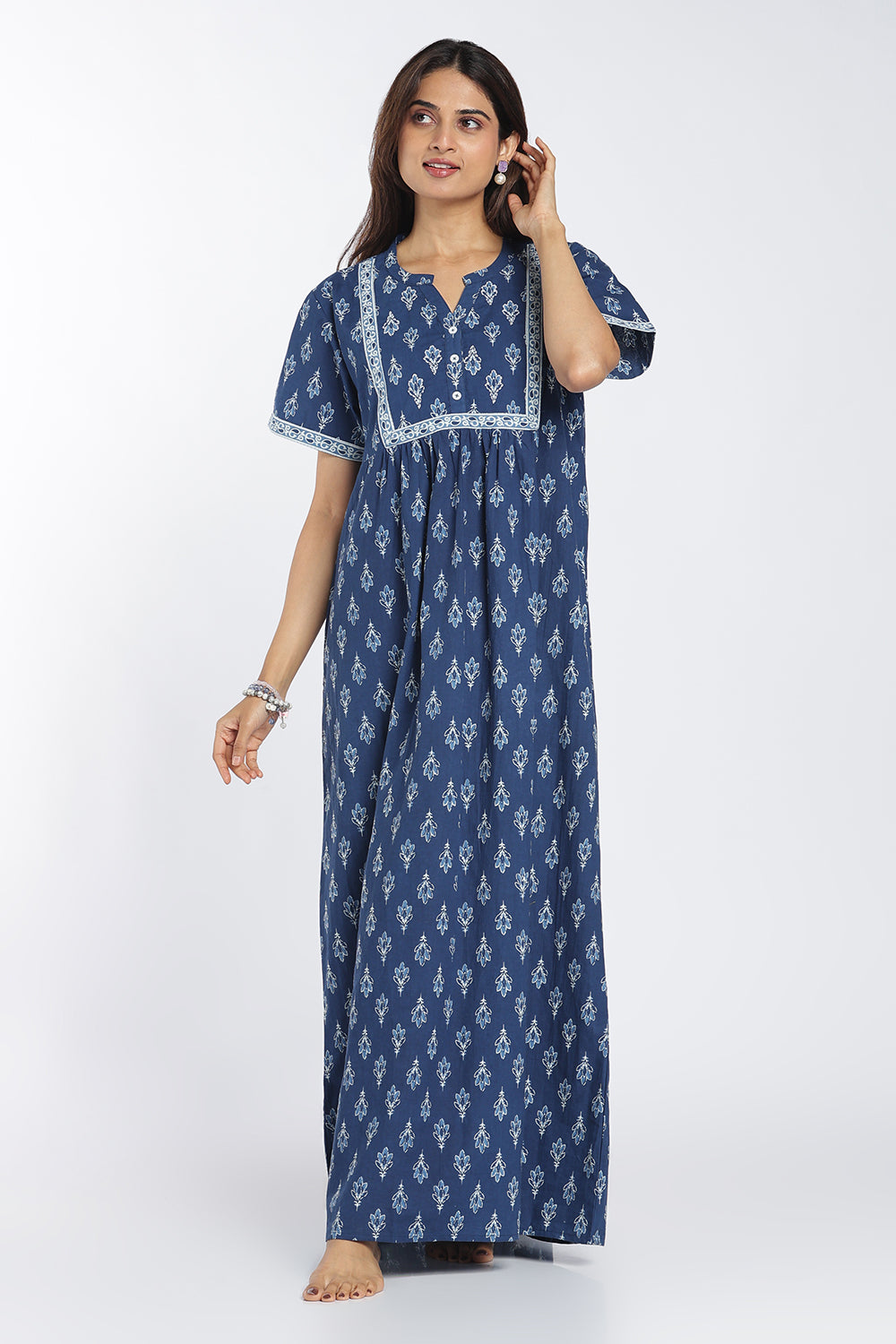Naidu Hall Women’s Printed Cotton Nighty | Full-Length Ethnic Print V-Neck Night Dress with Contrast Yoke | Daily Wear, Sleepwear & Loungewear
- NB54