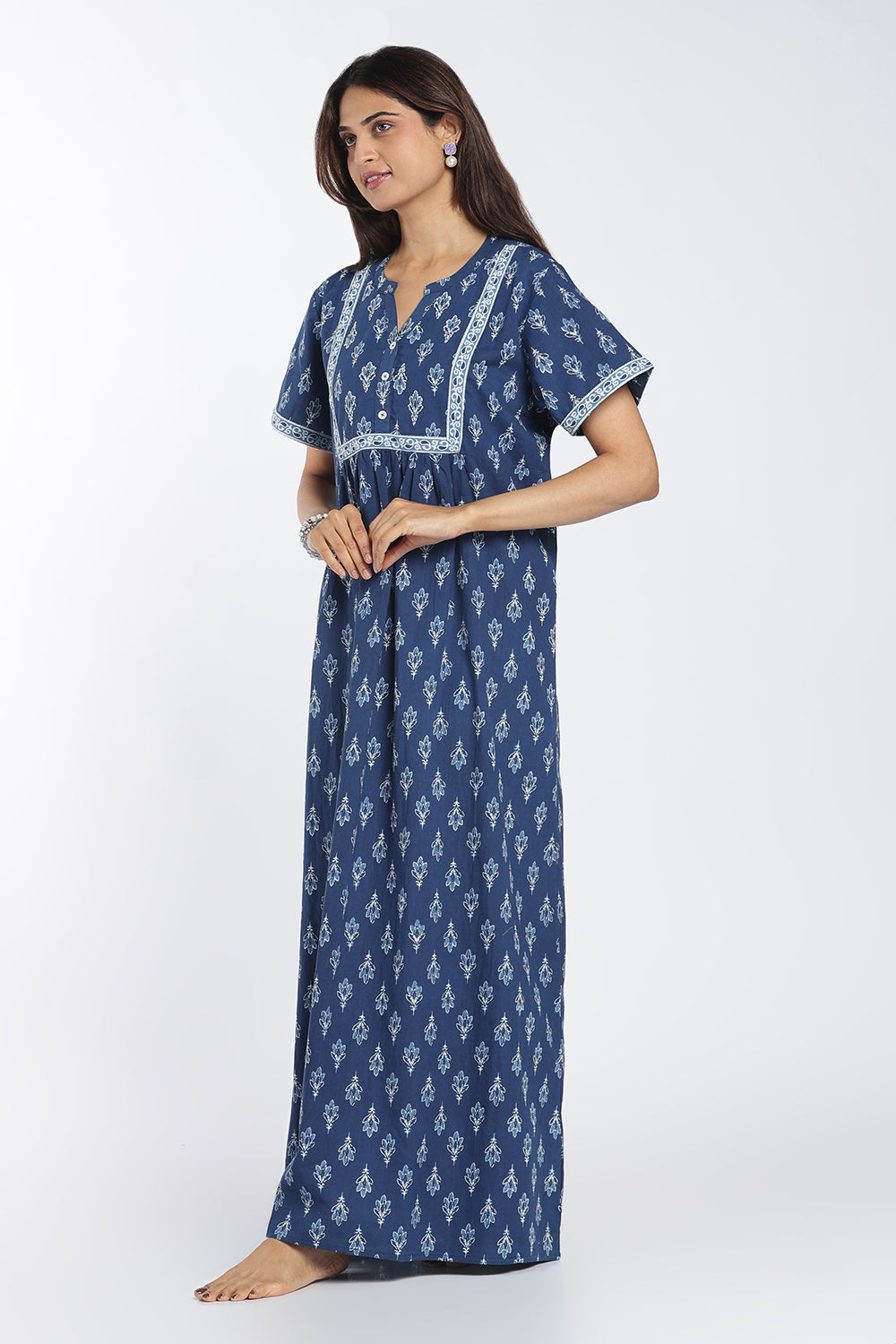 Naidu Hall Women’s Printed Cotton Nighty | Full-Length Ethnic Print V-Neck Night Dress with Contrast Yoke | Daily Wear, Sleepwear & Loungewear
- NB54