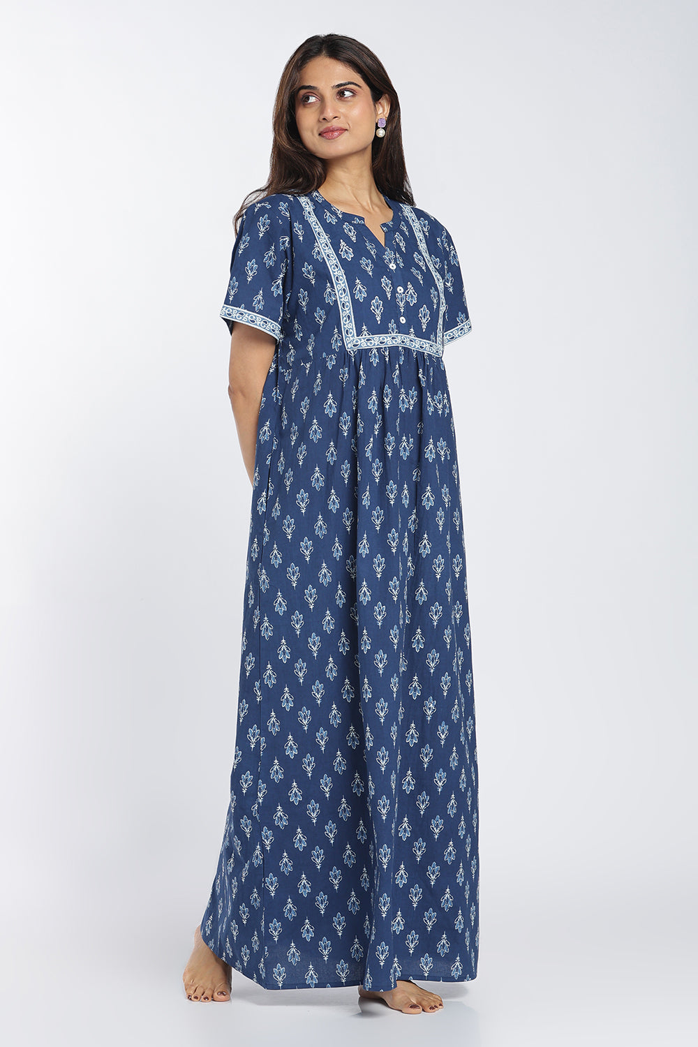 Naidu Hall Women’s Printed Cotton Nighty | Full-Length Ethnic Print V-Neck Night Dress with Contrast Yoke | Daily Wear, Sleepwear & Loungewear
- NB54