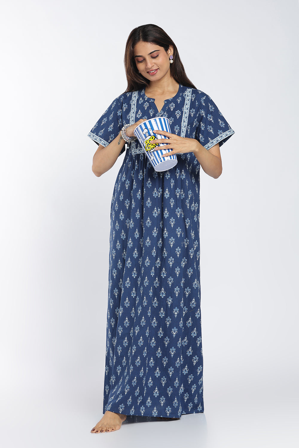 Naidu Hall Women’s Printed Cotton Nighty | Full-Length Ethnic Print V-Neck Night Dress with Contrast Yoke | Daily Wear, Sleepwear & Loungewear
- NB54