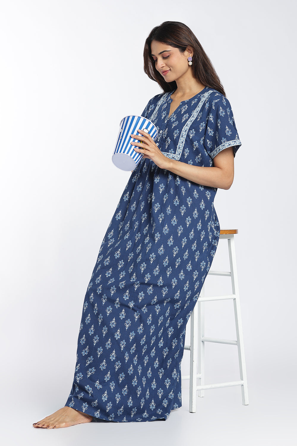 Naidu Hall Women’s Printed Cotton Nighty | Full-Length Ethnic Print V-Neck Night Dress with Contrast Yoke | Daily Wear, Sleepwear & Loungewear
- NB54