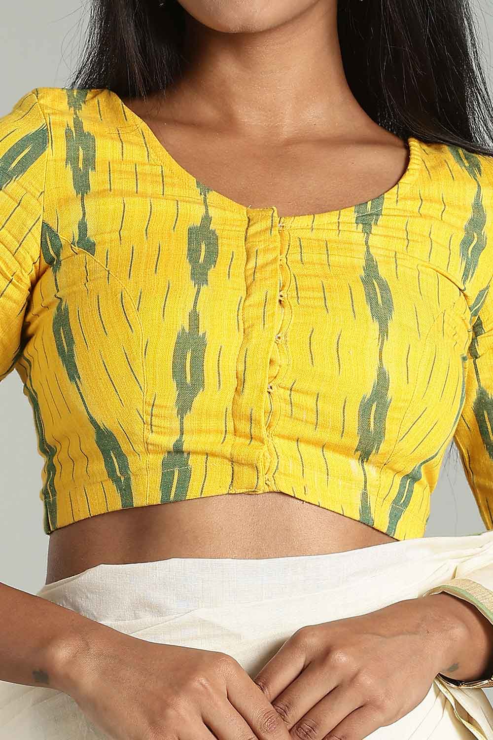 Naidu Hall Women's Cotton Ikat Blouse – U-Neck Princess Cut Designer Saree Blouse with Elbow Sleeves - Yellow - BU17