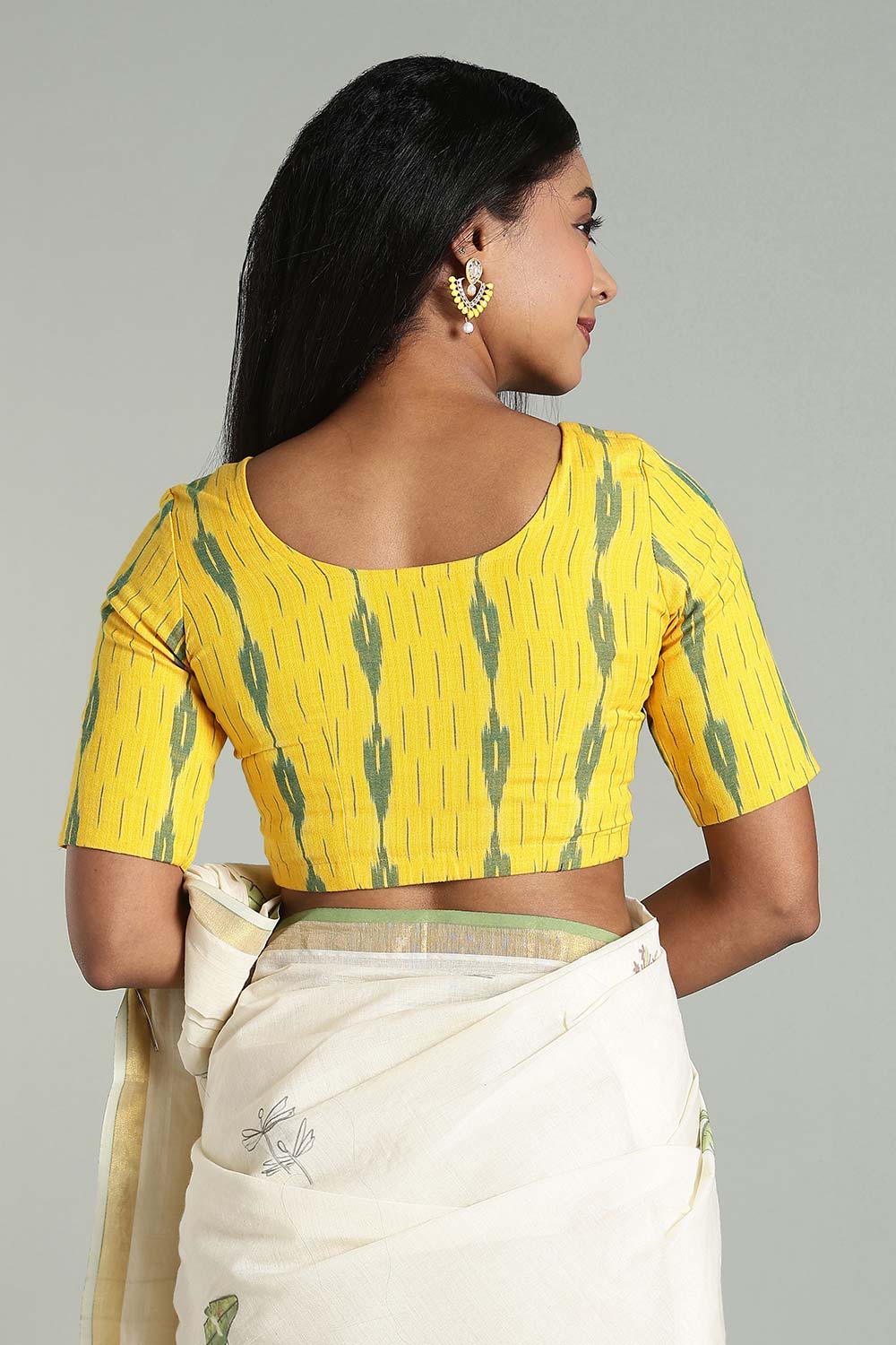 Naidu Hall Women's Cotton Ikat Blouse – U-Neck Princess Cut Designer Saree Blouse with Elbow Sleeves - Yellow - BU17