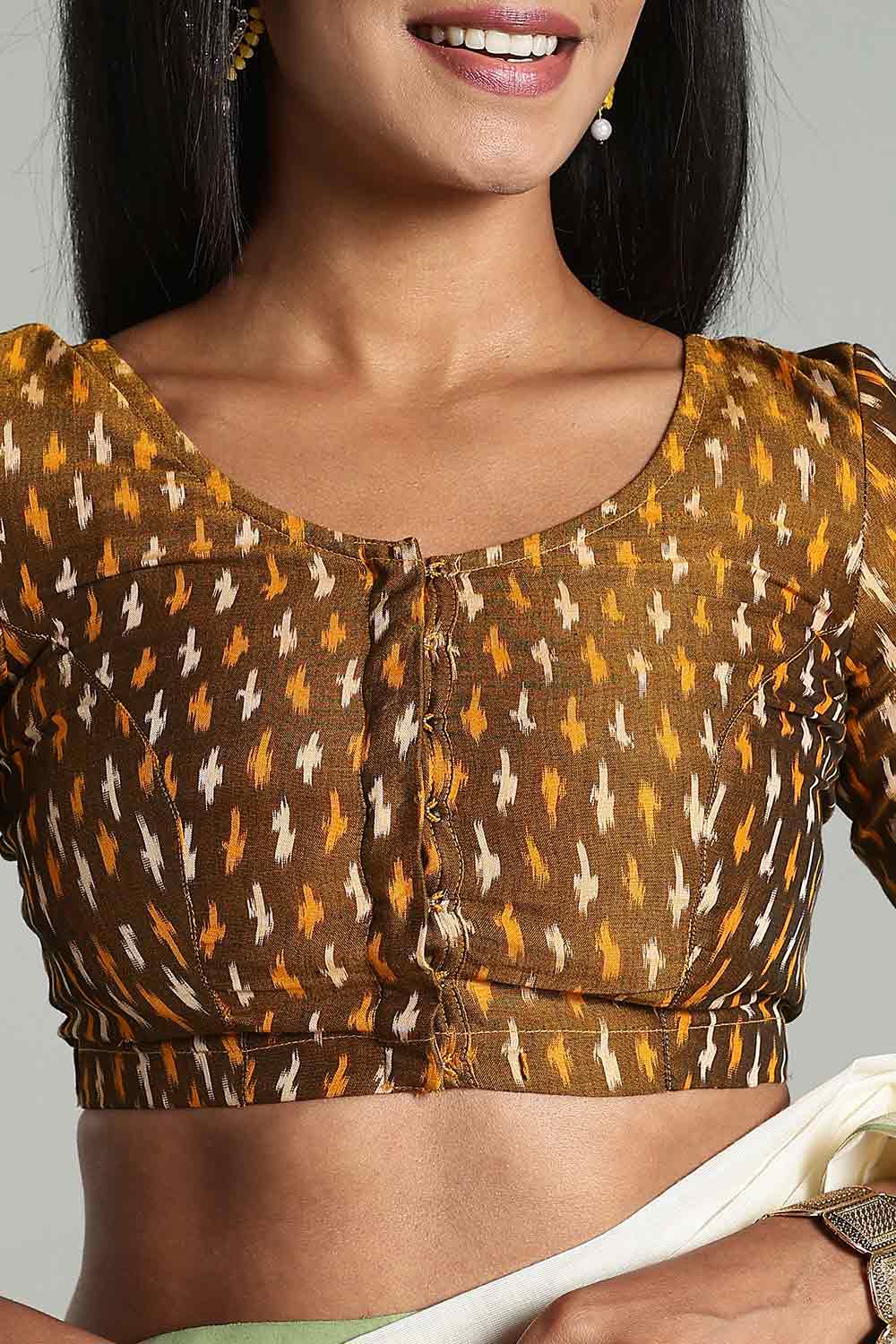 Naidu Hall Women's Cotton Ikat Blouse – U-Neck Princess Cut Designer Saree Blouse with Elbow Sleeves - Light Mustard - BU17