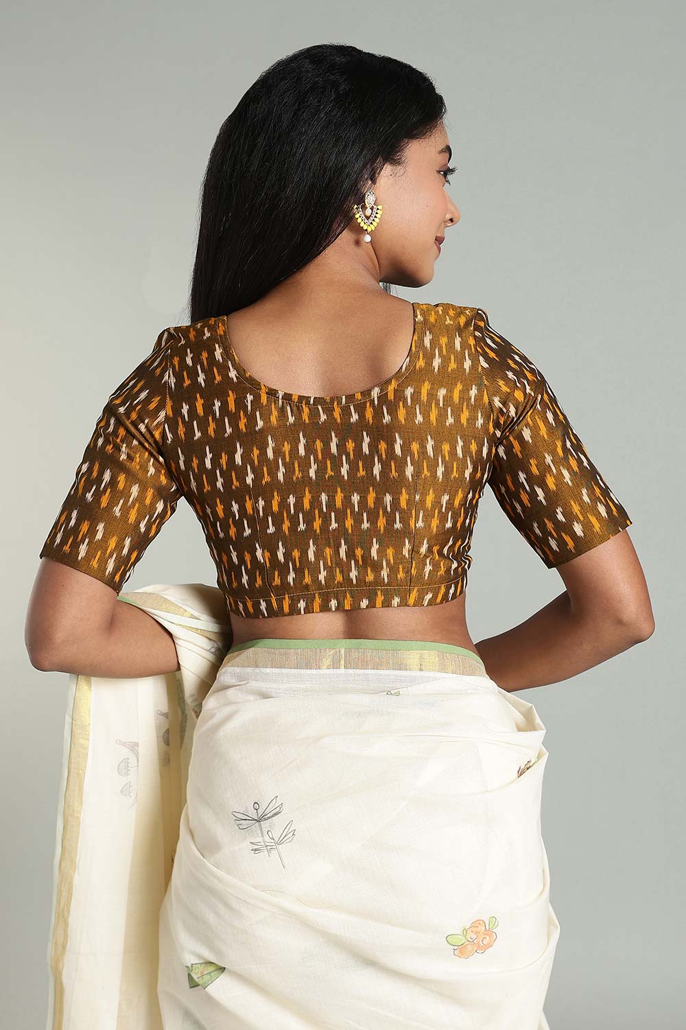 Naidu Hall Women's Cotton Ikat Blouse – U-Neck Princess Cut Designer Saree Blouse with Elbow Sleeves - Light Mustard - BU17