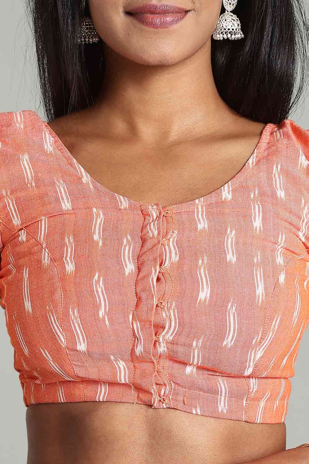 Naidu Hall Women's Cotton Ikat Blouse – U-Neck Princess Cut Designer Saree Blouse with Elbow Sleeves - Orange - BU17