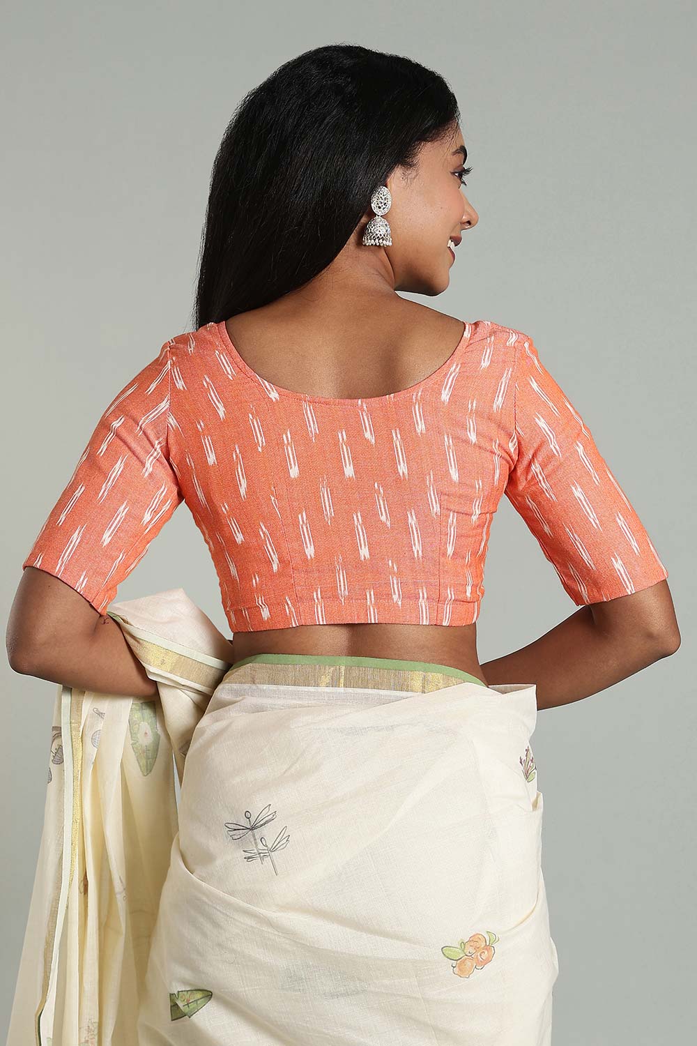 Naidu Hall Women's Cotton Ikat Blouse – U-Neck Princess Cut Designer Saree Blouse with Elbow Sleeves - Orange - BU17