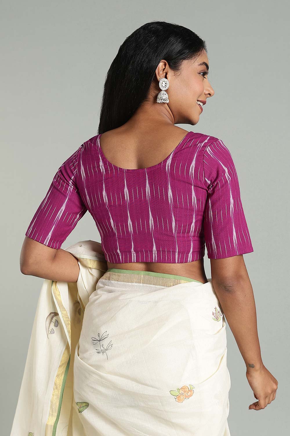 Naidu Hall Women's Cotton Ikat Blouse – U-Neck Princess Cut Designer Saree Blouse with Elbow Sleeves - Violet - BU17