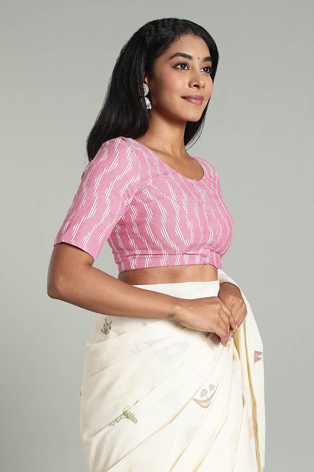 Naidu Hall Women's Cotton Ikat Blouse – U-Neck Princess Cut Designer Saree Blouse with Elbow Sleeves - Pink - BU17