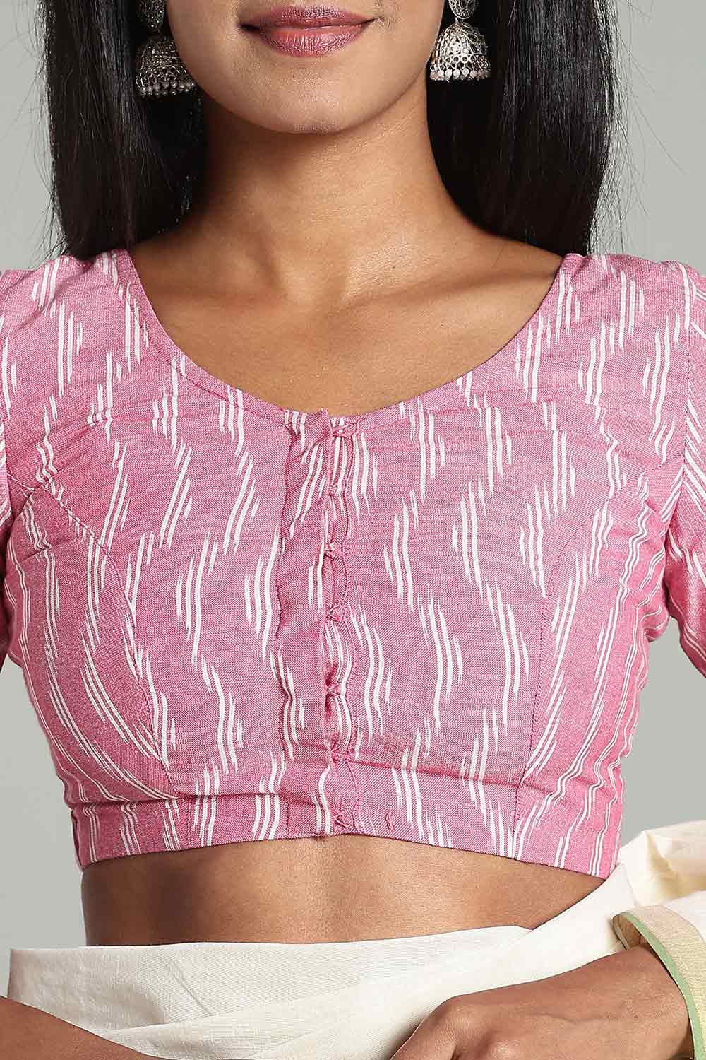 Naidu Hall Women's Cotton Ikat Blouse – U-Neck Princess Cut Designer Saree Blouse with Elbow Sleeves - Pink - BU17